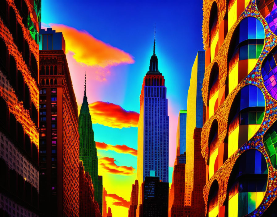 Vibrant city skyline with iconic skyscrapers under colorful sunset sky