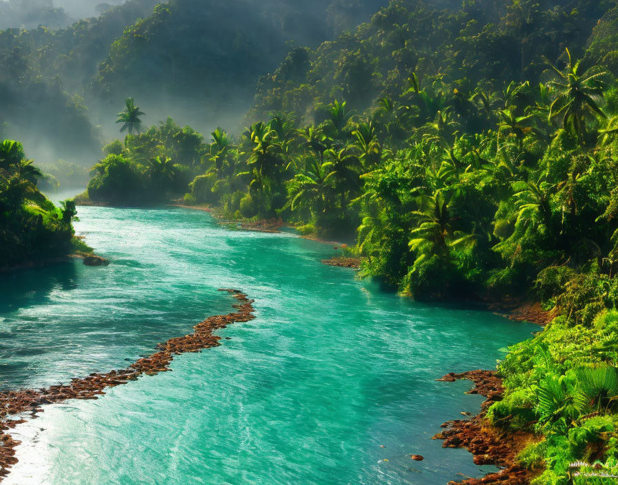 Tranquil Tropical River in Lush Green Jungle