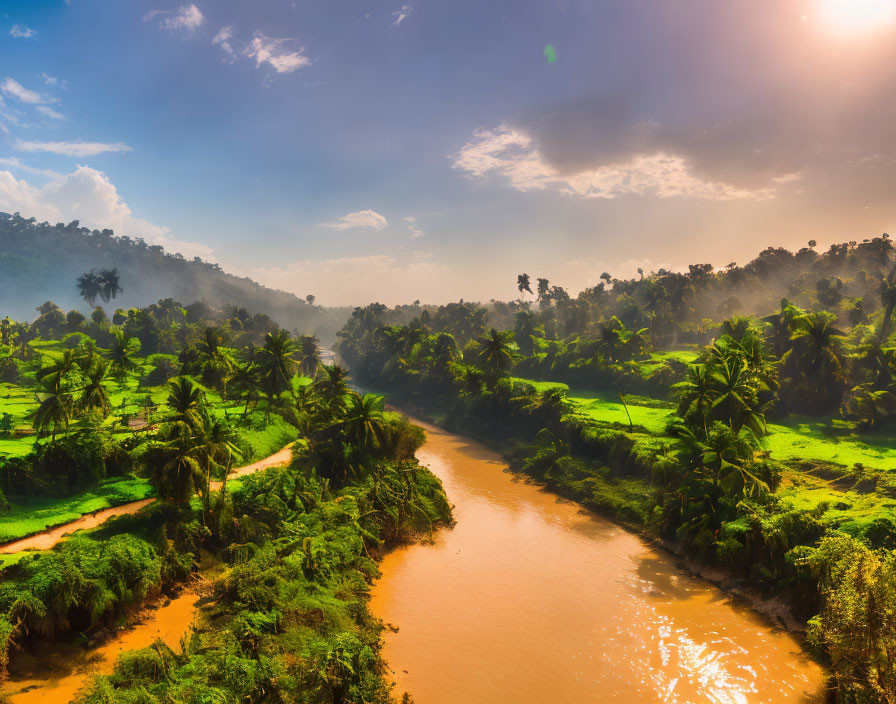 Tropical landscape with river, palm trees, and greenery under sunny sky