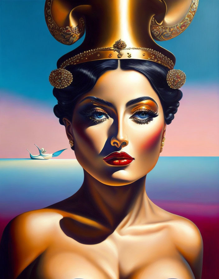 Illustrated portrait of woman with stylized makeup and elaborate headdress on gradient background