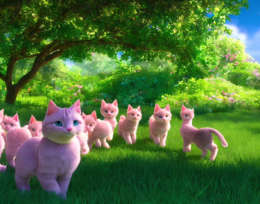 Pink cats with large blue eyes in lush green meadow with flowers