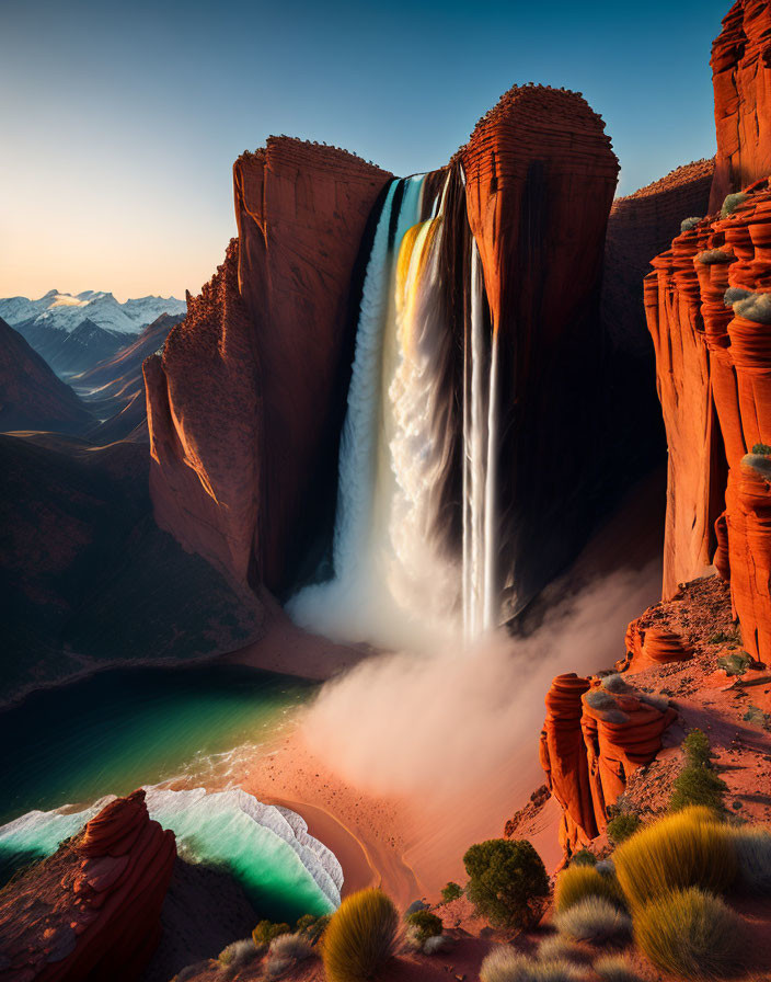 Majestic waterfall on red cliff cascading into turquoise pool