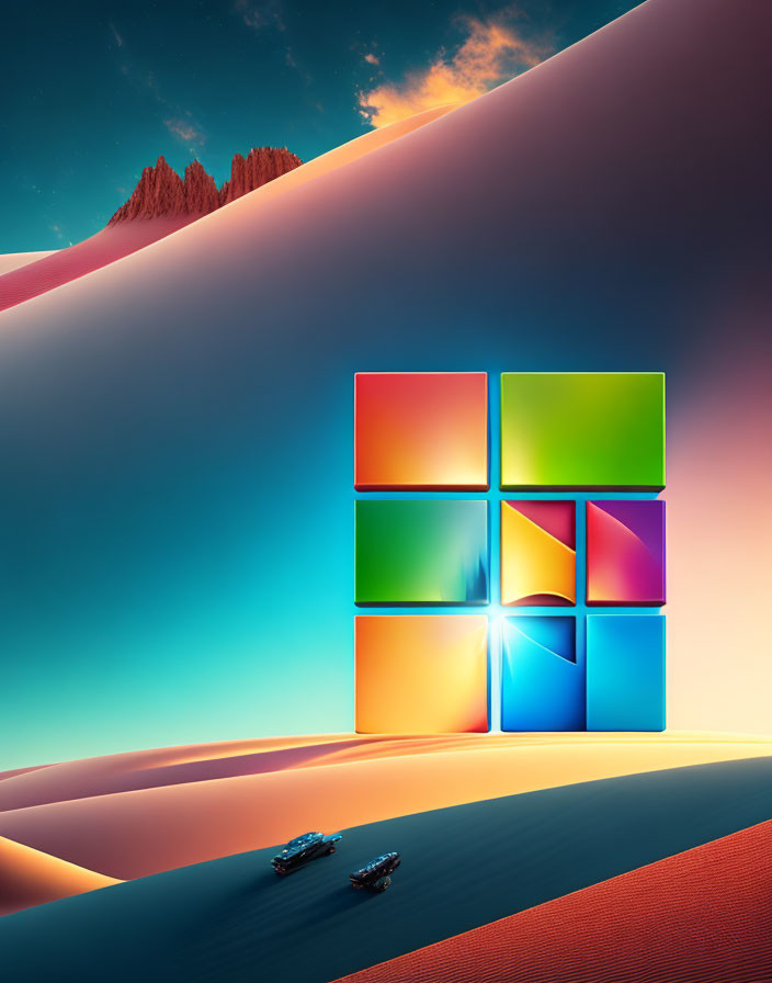 Colorful digital artwork: Windows logo in surreal landscape with sand dune, cars, and vibrant sky