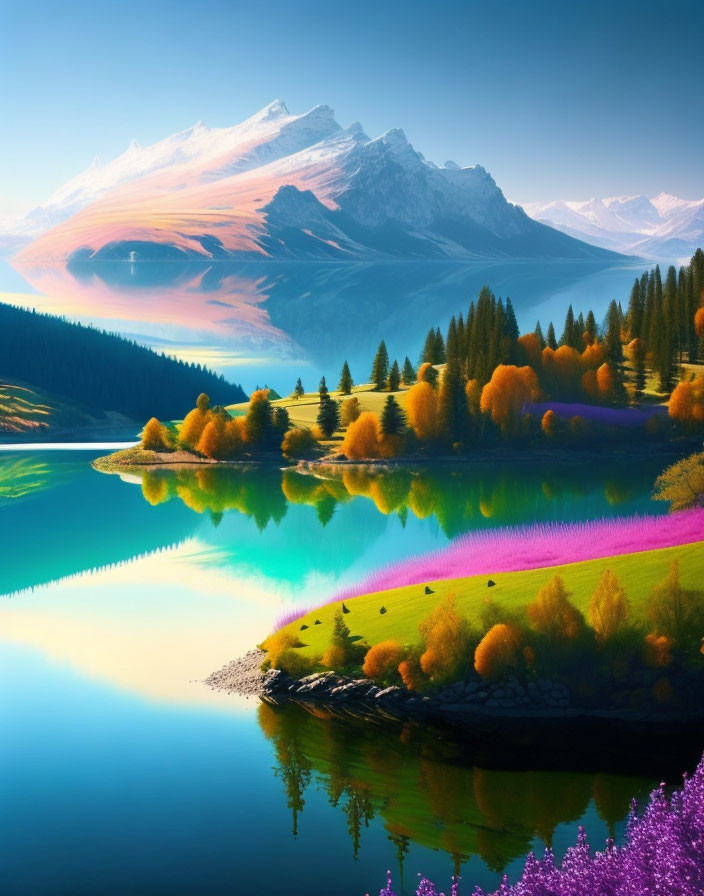 Scenic landscape with serene lake, snow-capped mountains, colorful foliage