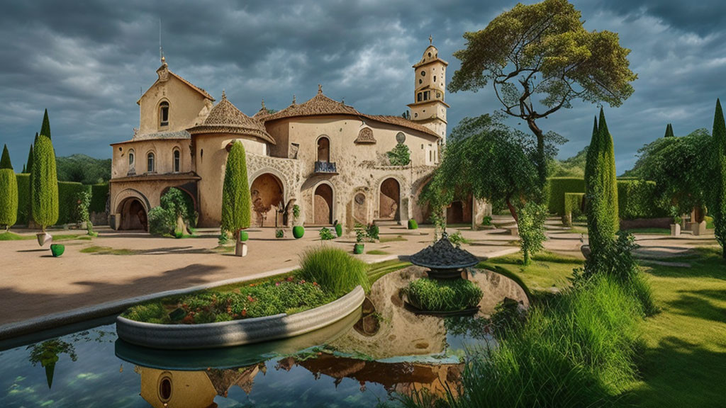 Historical building with fountain garden and bell tower