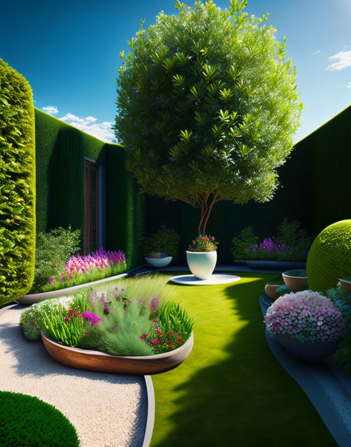 Manicured garden with topiary hedges, tree in white pot, flowers, and plant