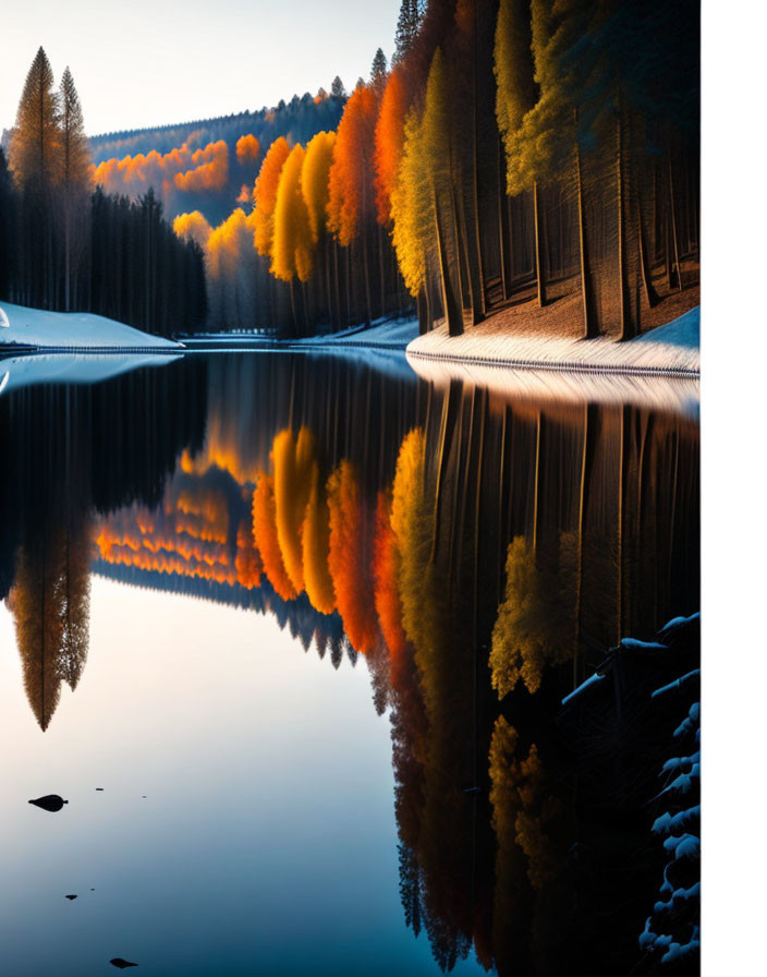 Tranquil lake reflecting autumnal forest gradient at sunset