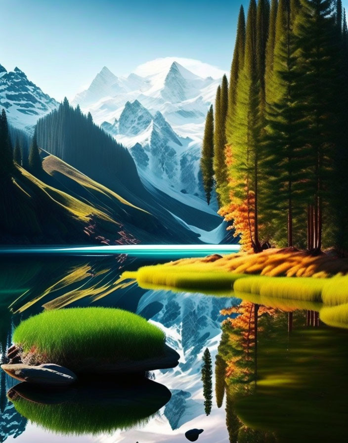 Tranquil landscape with evergreen trees, blue lake, snowy mountains, and green foliage