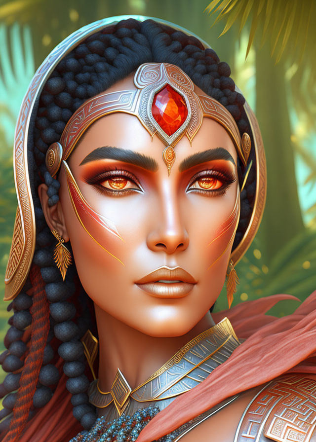 Digital portrait: Woman with braided hair, metallic headpiece, red eye makeup, ruby gem,