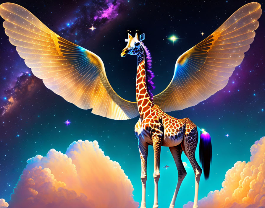 Majestic winged giraffe in starry sky