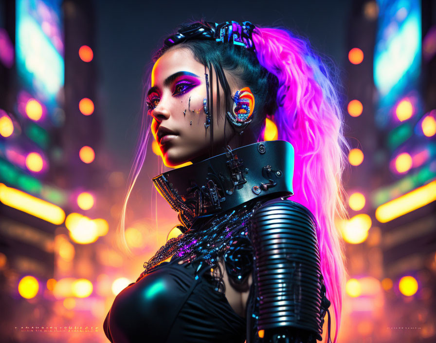 Cyberpunk-themed woman with purple hair and robotic earpiece in neon cityscape