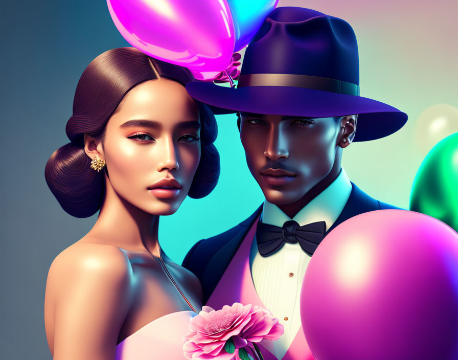 Stylized portrait of woman and man with glossy balloons in retro-futuristic attire