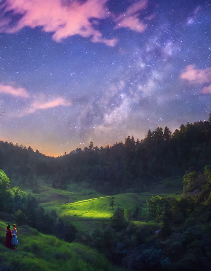 Couple standing in lush green valley under twilight sky.