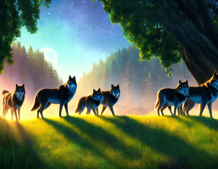 Wolves in mystical forest at dusk with starry sky