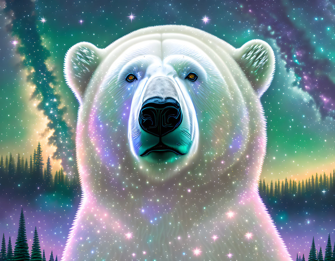 Translucent cosmic polar bear in vibrant aurora sky.