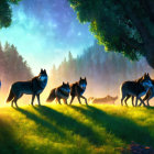 Wolves in mystical forest at dusk with starry sky