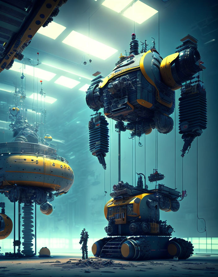 Yellow robotic machines in futuristic industrial scene