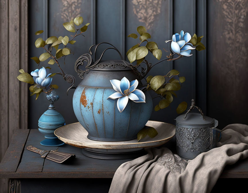 Rustic blue teapot, white flowers, covered container, and turquoise vase on wooden table.
