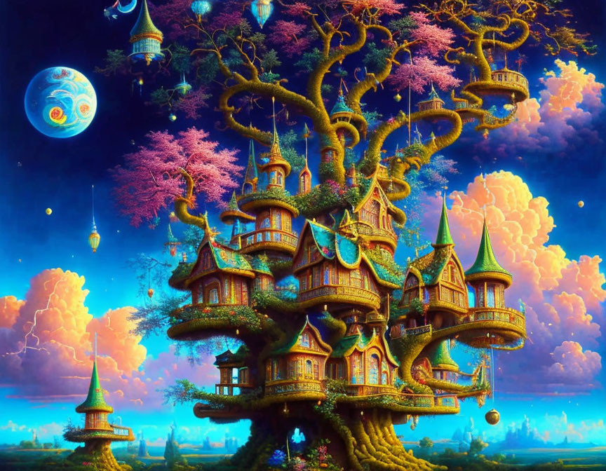 Fantastical Treehouse with Turrets and Balconies in Otherworldly Landscape