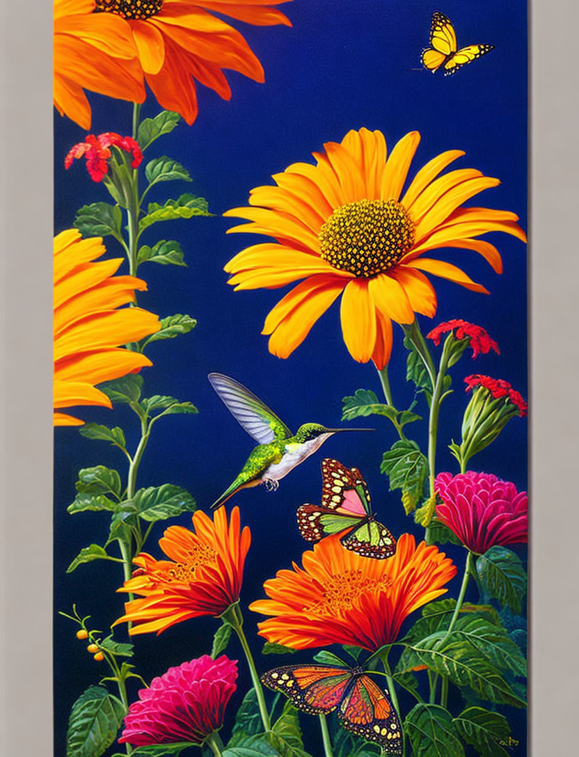 Colorful painting of orange and red flowers on blue background with hummingbird and butterflies