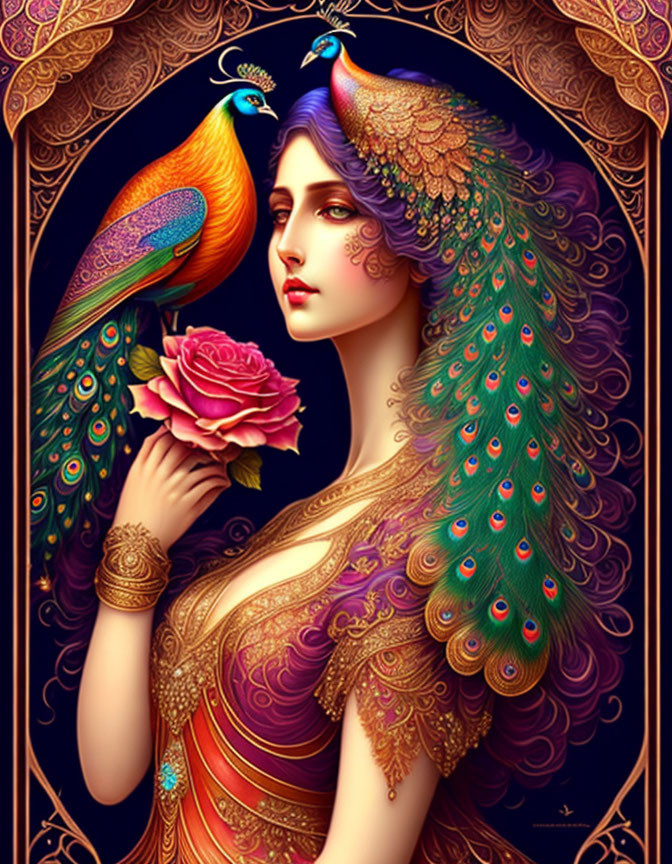 Stylized artwork of woman with peacock feathers and rose in ornate golden attire