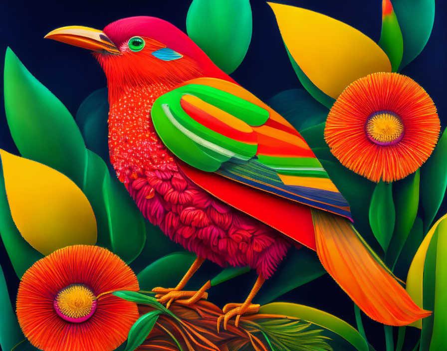 Colorful Red Bird Illustration Among Plants and Flowers on Blue Background