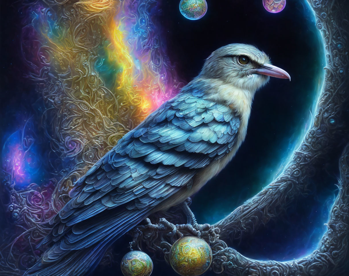 Blue-feathered bird on branch with celestial background.
