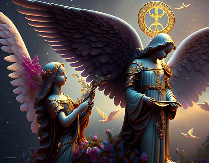 Stylized angels with large wings and ornate robes in starry sky