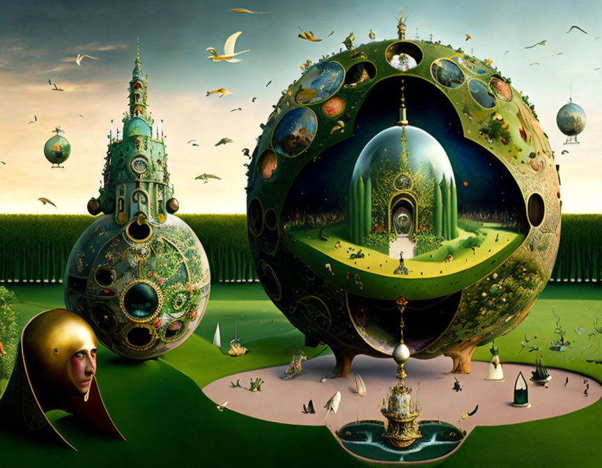 Surreal landscape with floating worlds and ornate structures