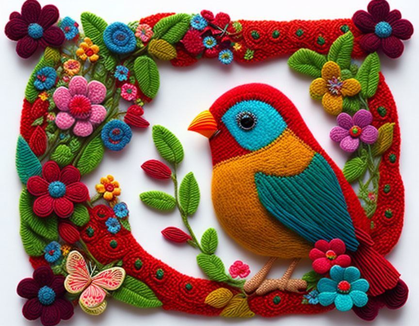 Vibrant blue and orange bird in intricate red knitted frame surrounded by multicolored flowers and