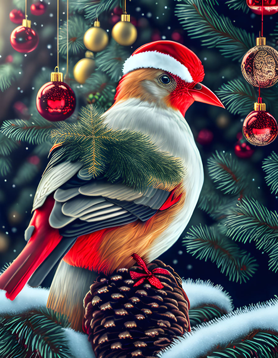 Bird with Santa Hat on Snowy Branch with Christmas Decorations