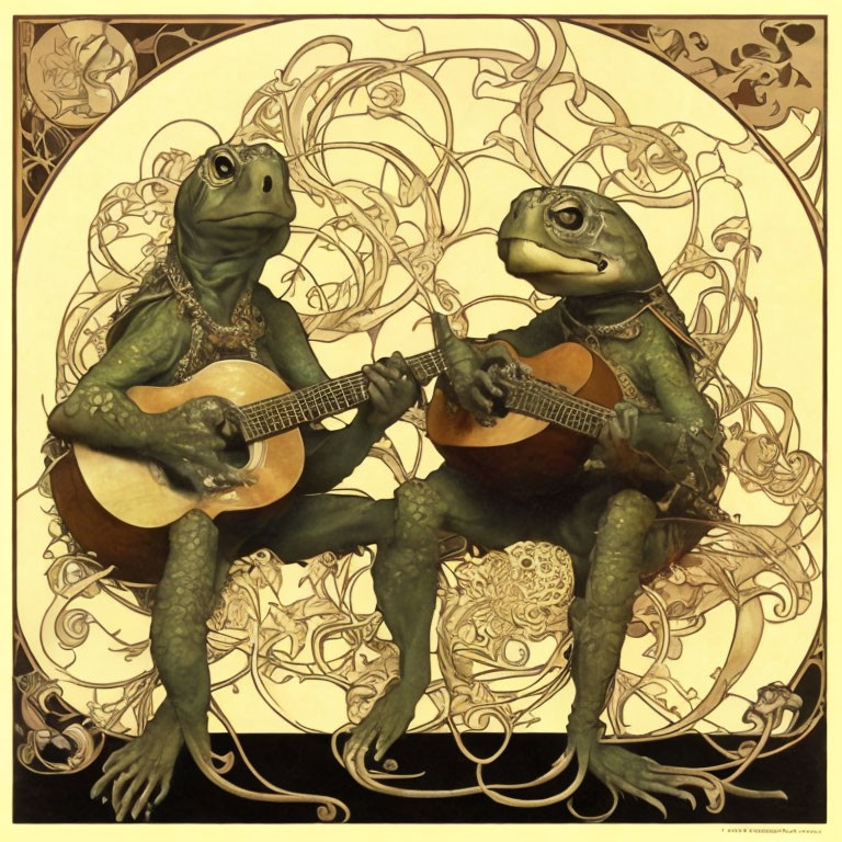 Anthropomorphic Frogs Playing Guitars in Art Nouveau Setting
