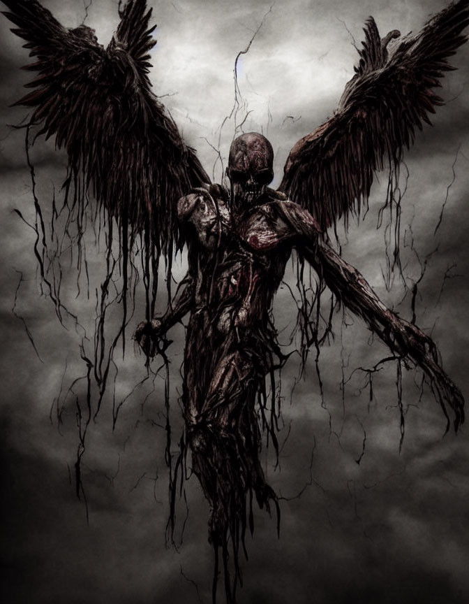 Dark skeletal angel with wide featherless wings in stormy sky.
