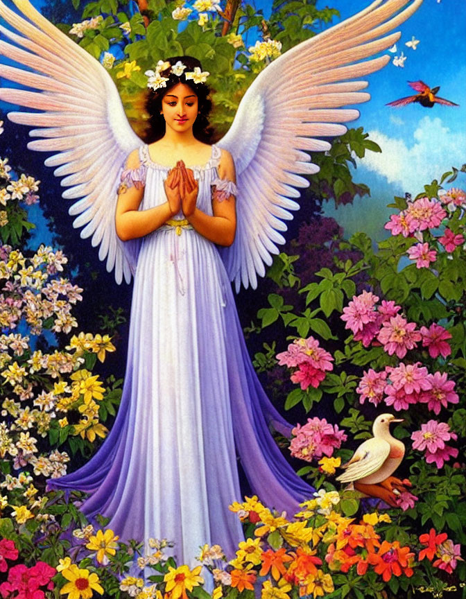 Angel with white wings, floral crown, purple dress, praying among vibrant flowers