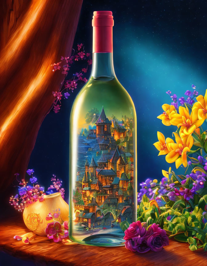 Luminous village scene in a bottle with vibrant flowers on starry night