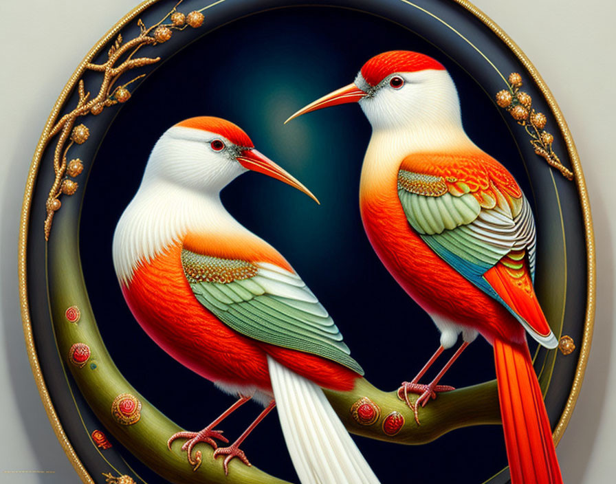 Colorful stylized birds on branch in ornate circular frame