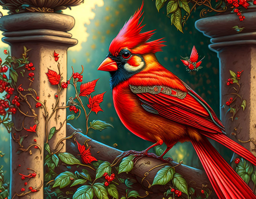 Detailed Cardinal Bird Illustration Among Foliage and Pillars at Sunset