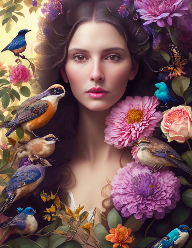 Woman in vibrant flower and bird scene