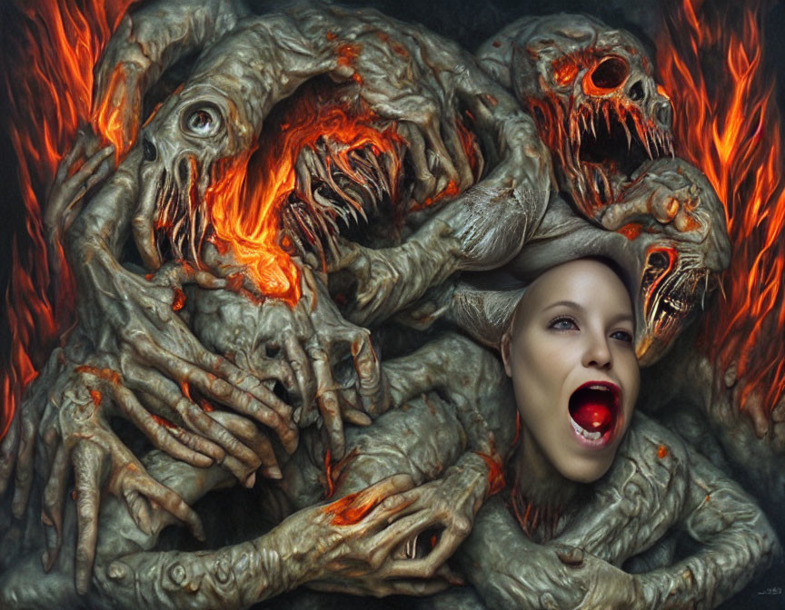 Terrified woman embraced by fiery-eyed monstrous figures amid flames