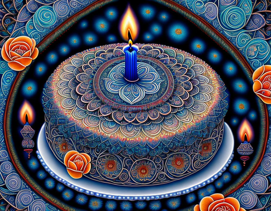 Colorful digital art: Candle-lit cake with mandalas, flowers, and cosmic backdrop