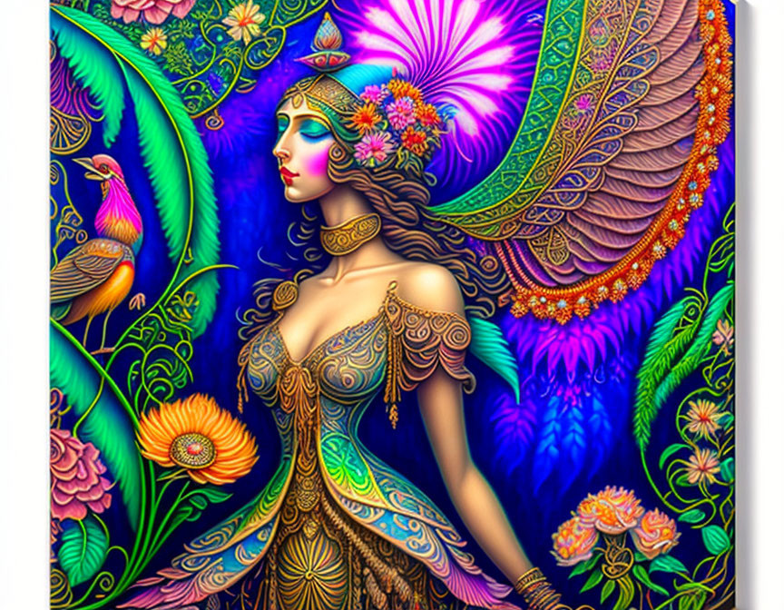 Vibrant fantasy woman illustration with peacock motif