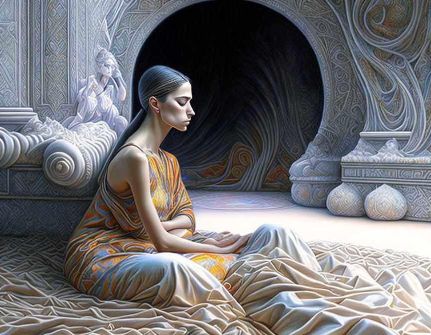 Serene woman meditating near dark cavern entrance with intricate stone patterns