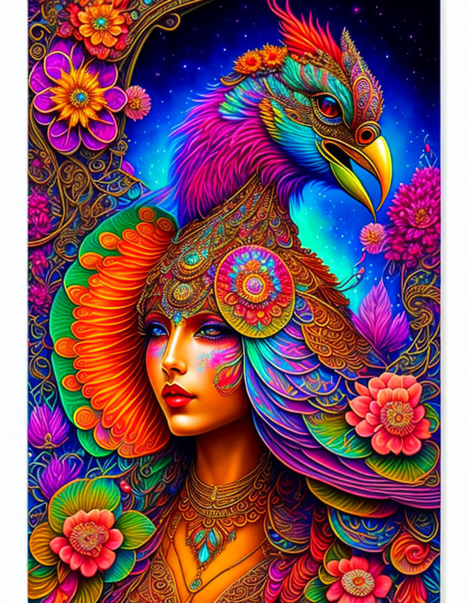 Colorful woman with peacock features in cosmic floral illustration