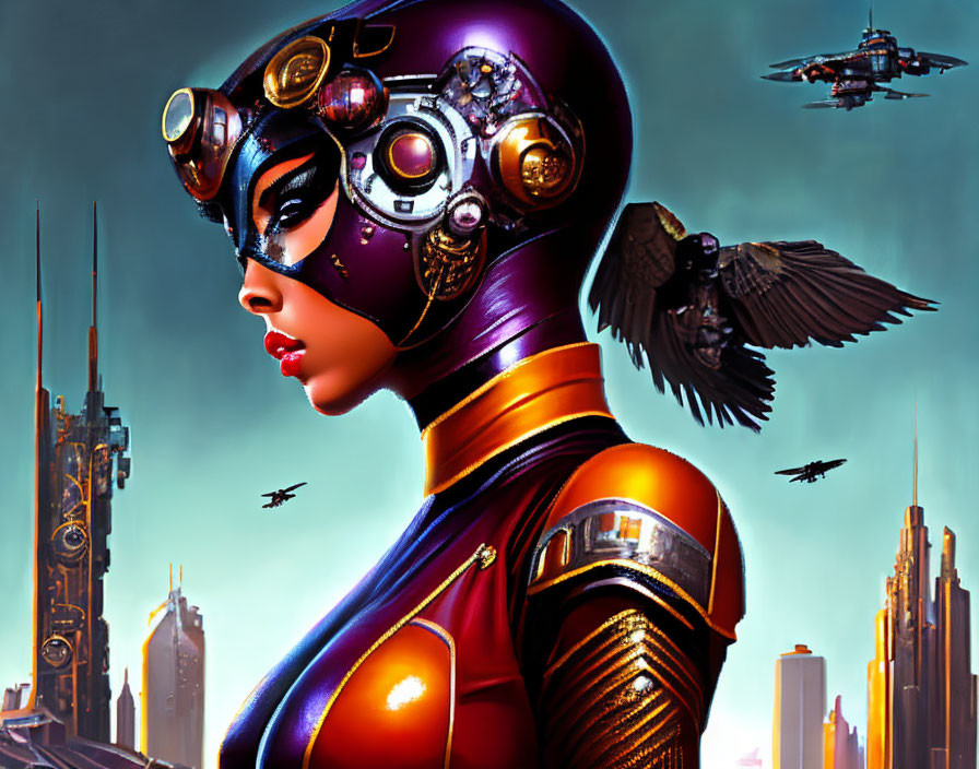 Futuristic female figure in stylized helmet against cyberpunk cityscape