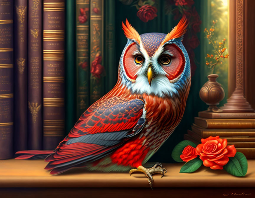 Colorful Owl Illustration with Feather Patterns, Books, Candlestick, and Rose