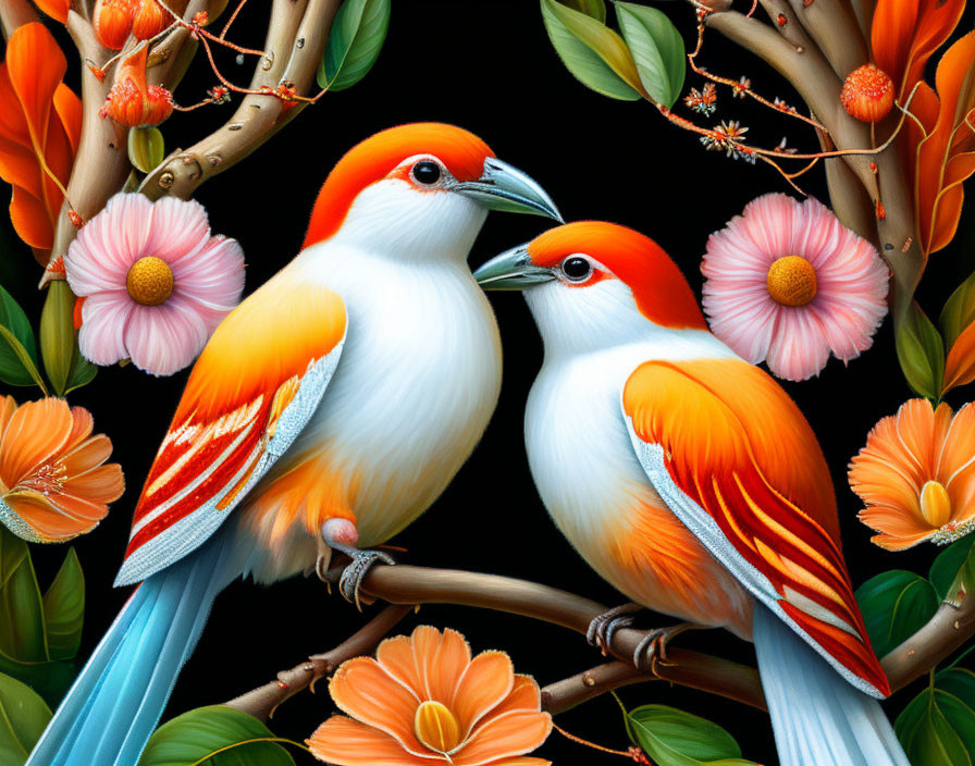 Colorful Birds with Red Crests and White Feathers Perched Among Flowers and Leaves