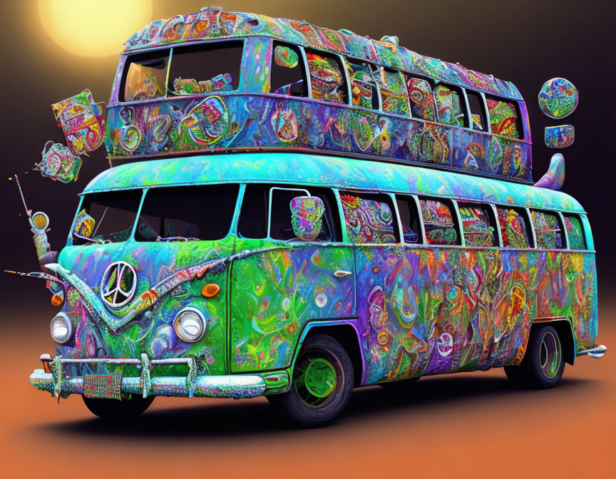 Colorful Psychedelic Double Decker Bus with Retro Hippie Vibe