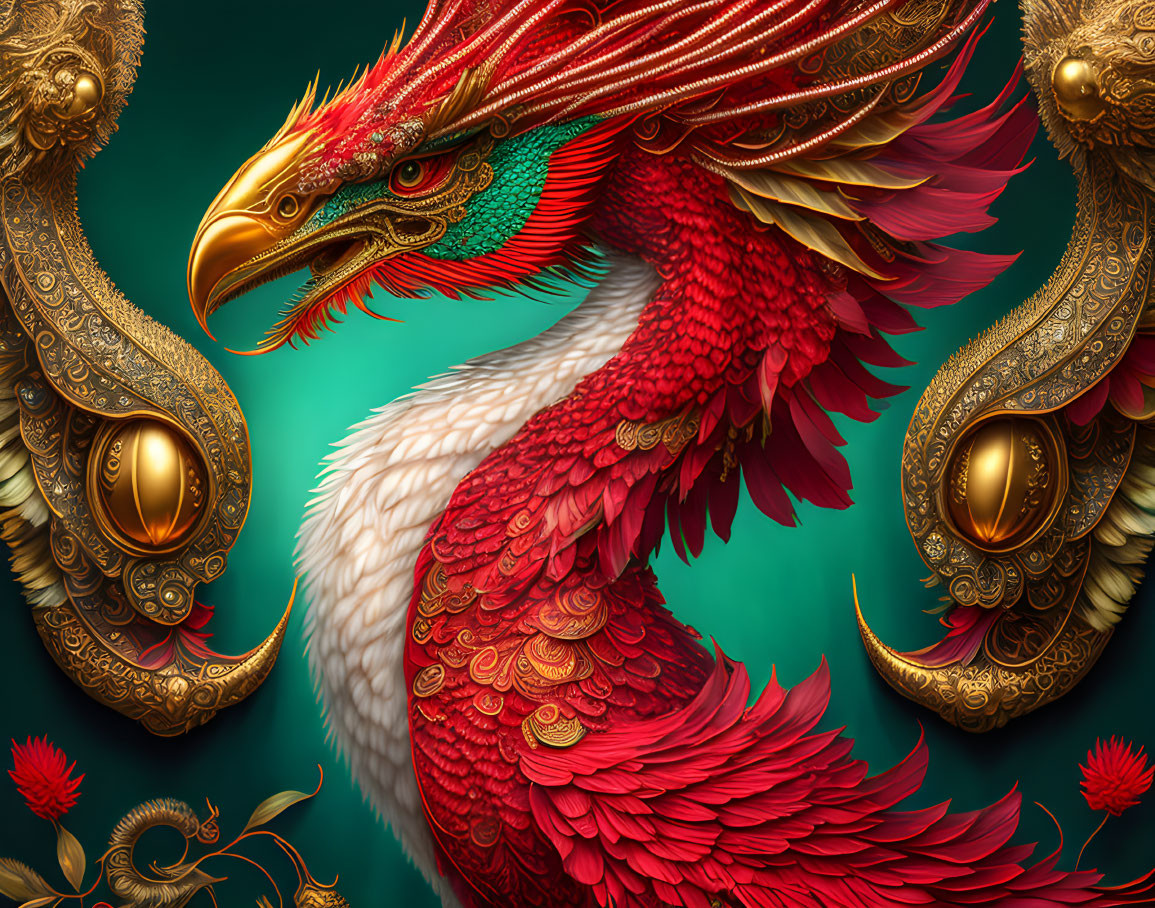 Colorful mythical dragon illustration with red and green plumage and golden ornaments on dark green backdrop.