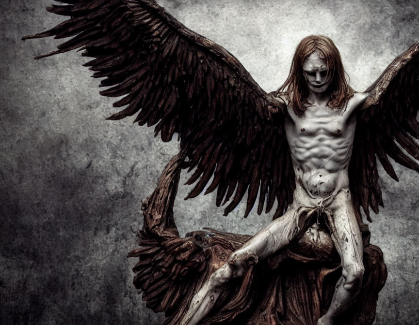 Emaciated winged figure with intense gaze against textured backdrop