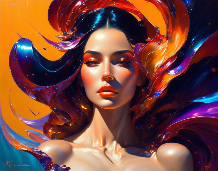 Colorful digital painting of a woman with vibrant hair and makeup.